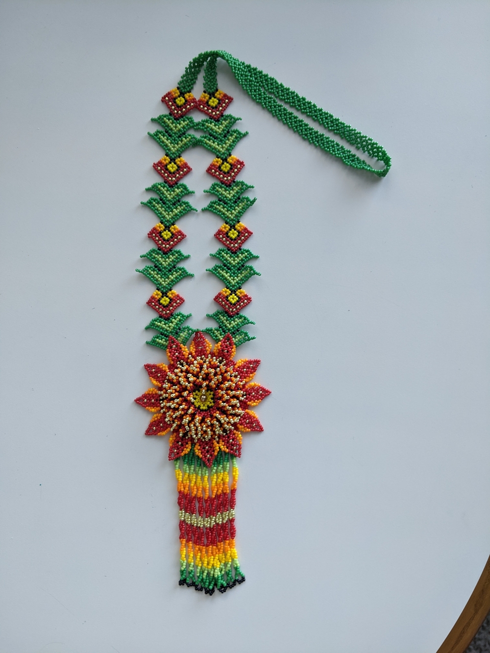 Handmade Beaded Floral Necklace in Green and Red
